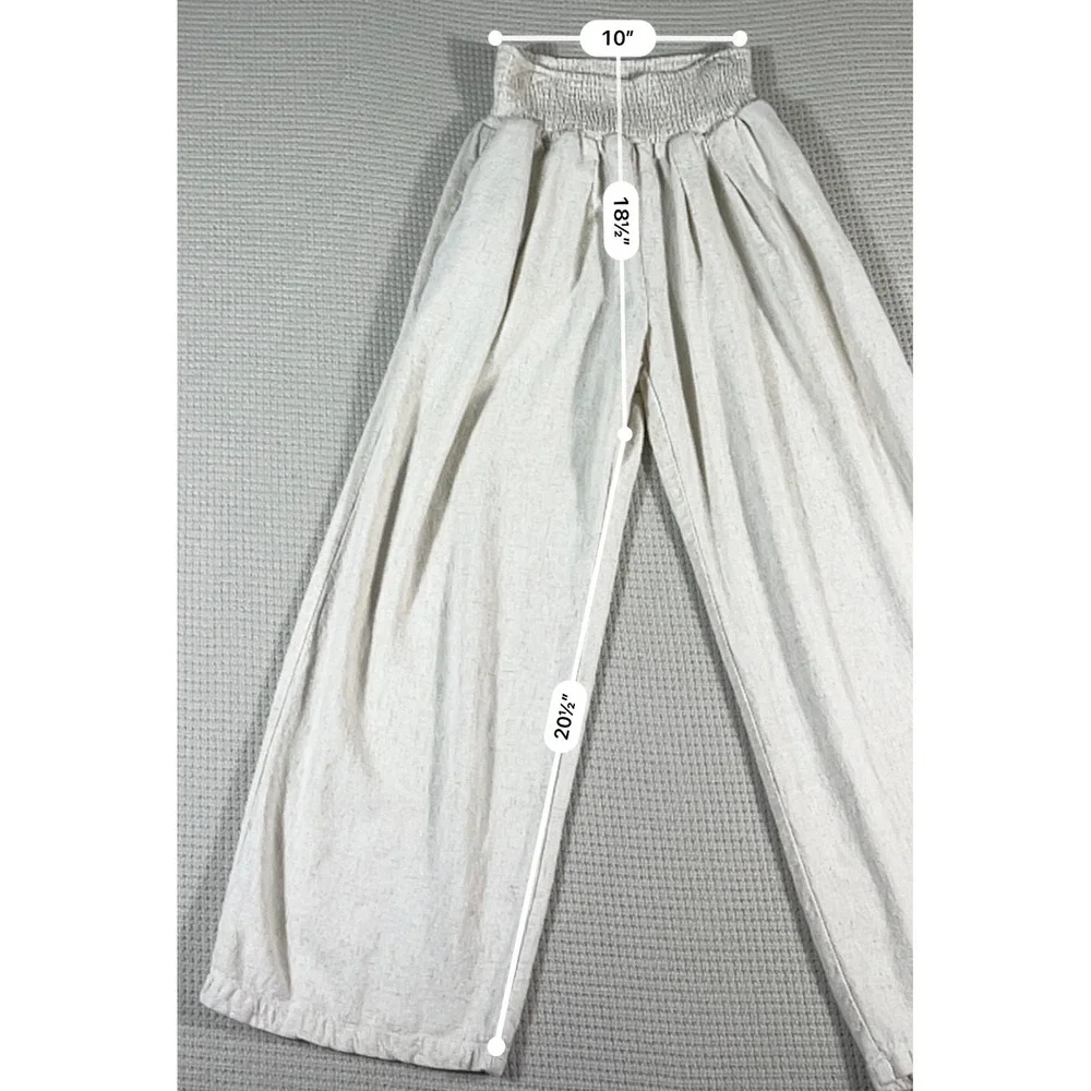 UEU Womens Beige Linen Blend Wide Leg Smocked High Waist Palazzo Pants Size M